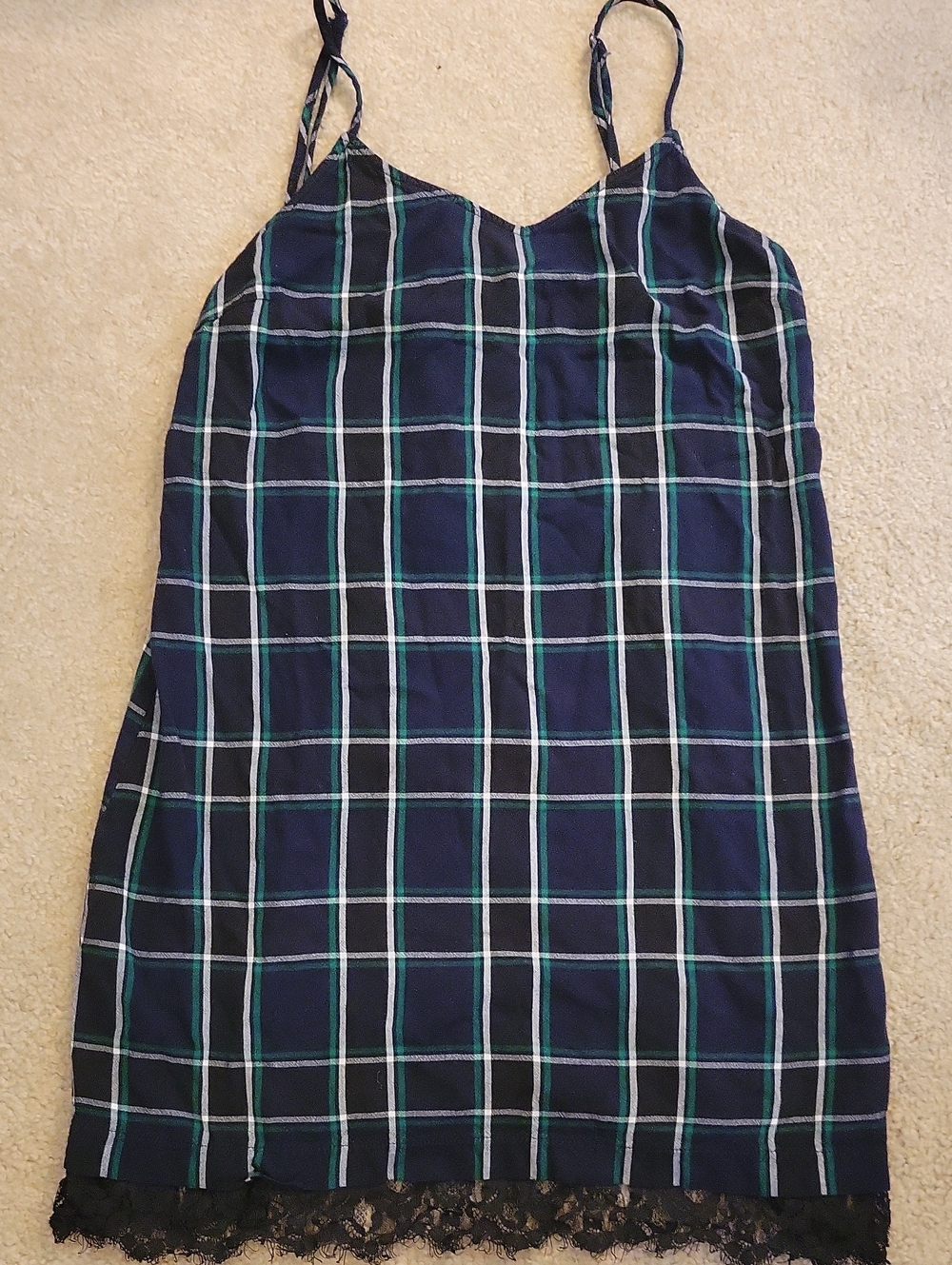 Arizona Jean Company Navy & Green Plaid Slip Dress with Lace Trim